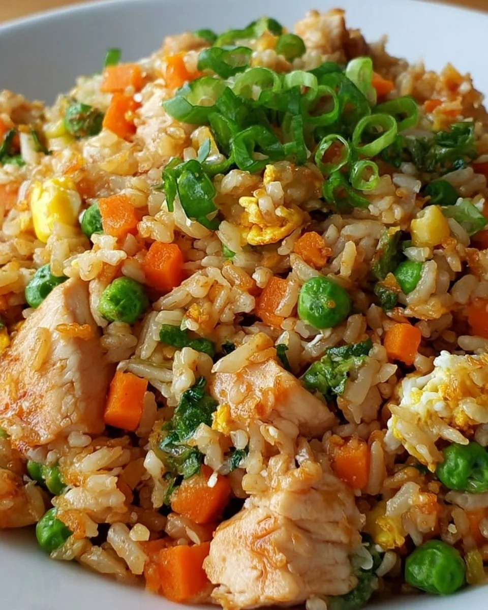Delicious bowl of crockpot chicken fried rice with colorful vegetables