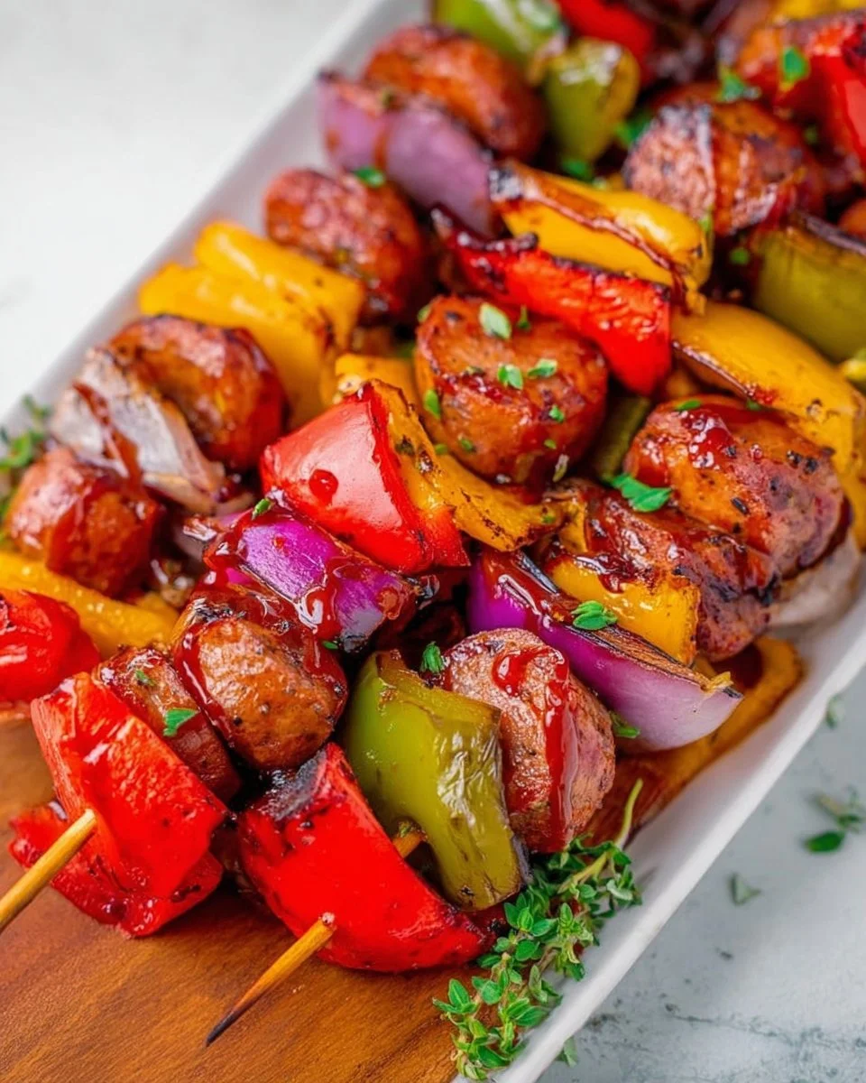 Delicious easy grilled sausage kabobs ready to serve on a barbecue platter.