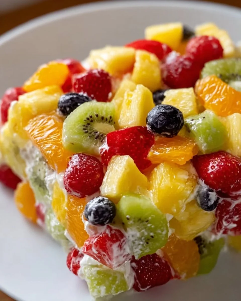 Colorful bowl of frozen fruit salad with assorted fruits.