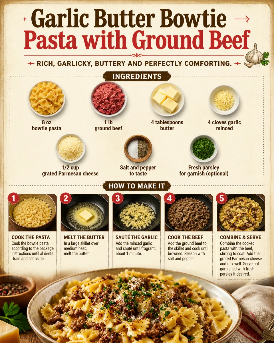 Delicious Garlic Butter Bowtie Pasta topped with Ground Beef and garnished with herbs.
