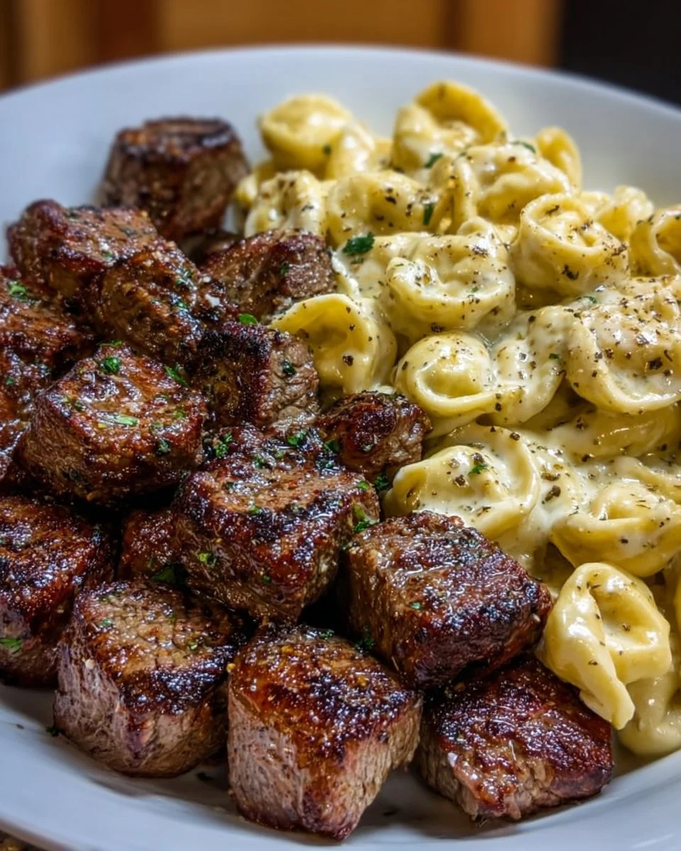 Delicious garlic butter steak bites with creamy alfredo tortellini on a plate.