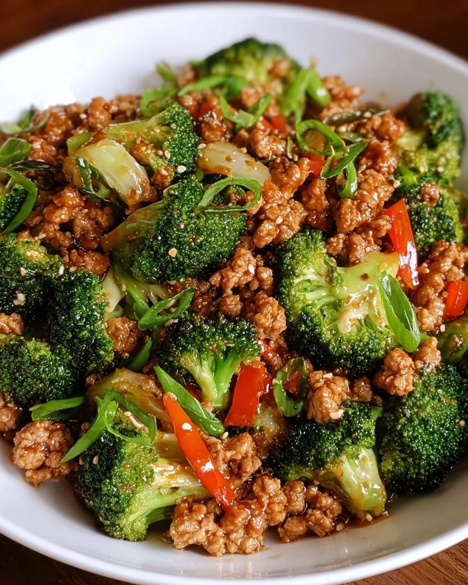 Ground turkey stir fry with broccoli on a plate garnished with herbs