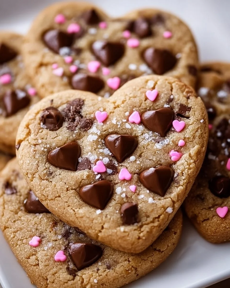 Heart-shaped chocolate chip cookies fresh from the oven