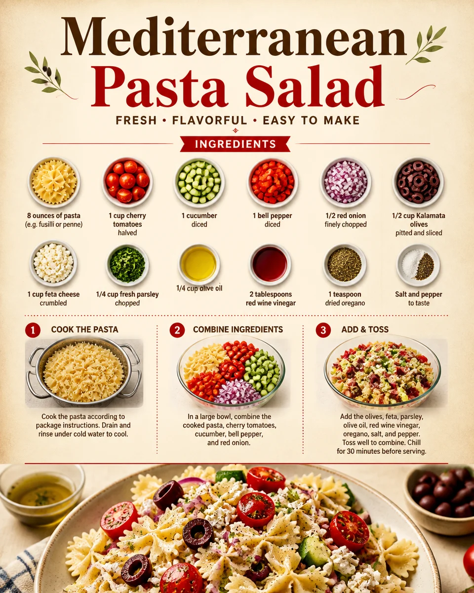 Colorful Mediterranean Pasta Salad with vegetables and olives in a bowl