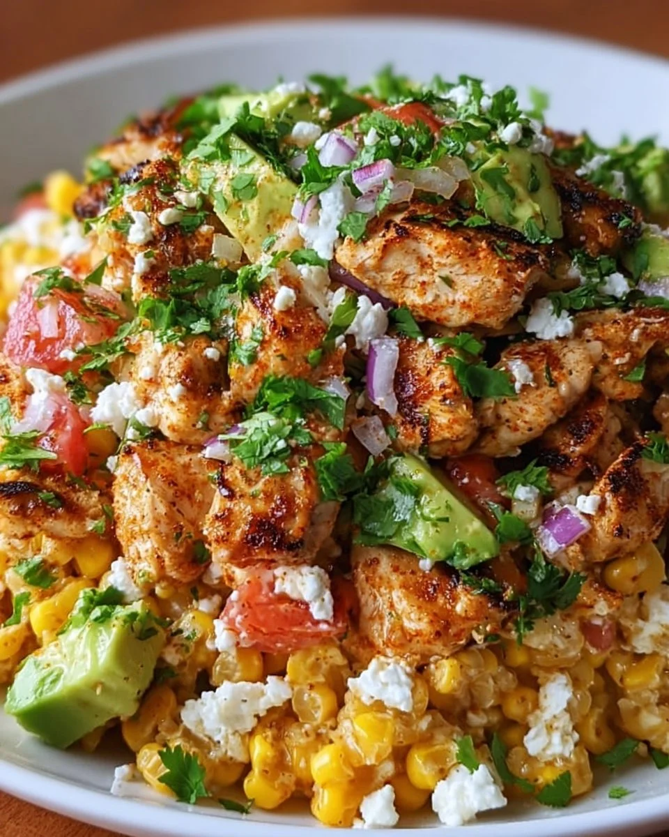Mexican street corn chicken skillet with corn, chicken, and spices