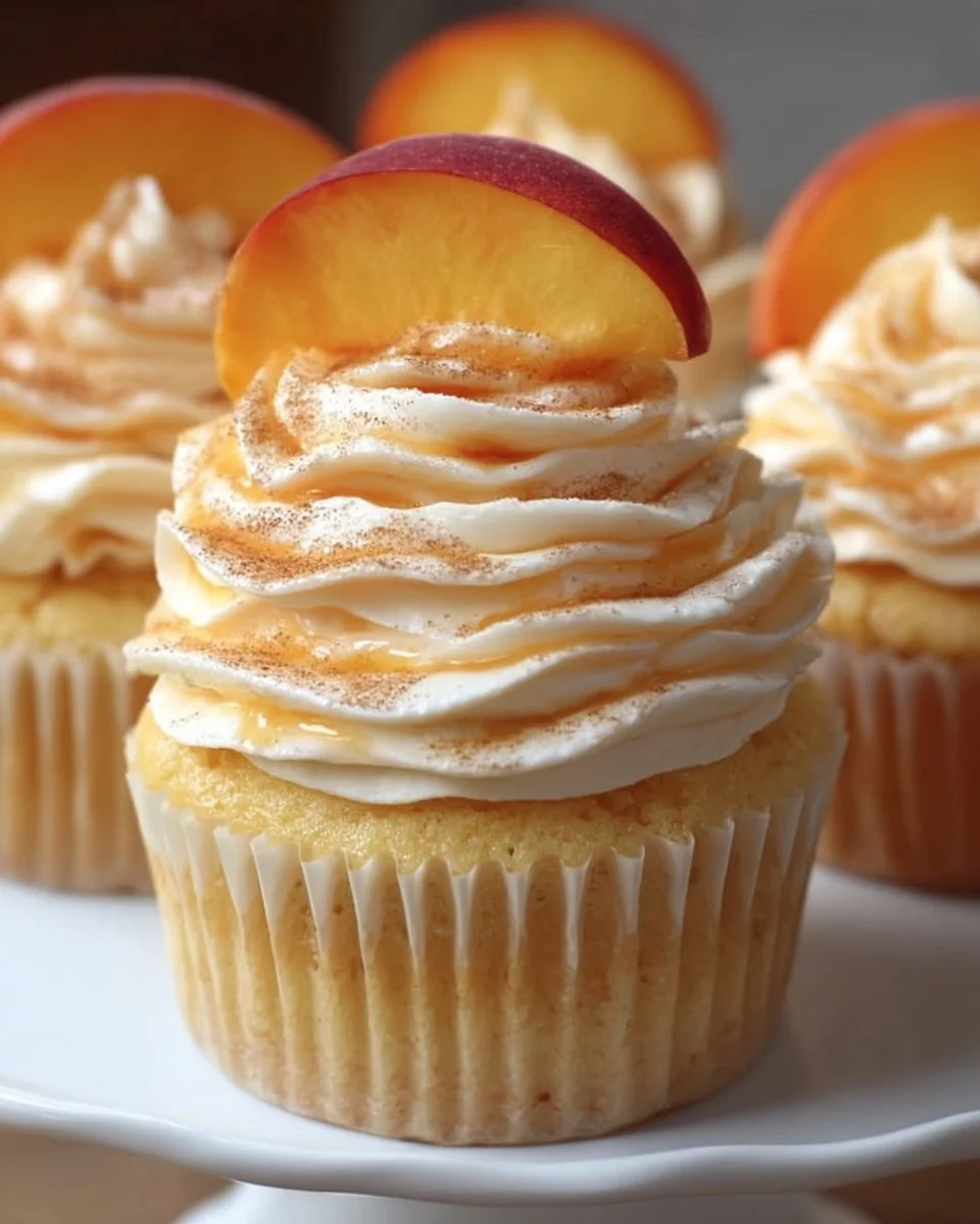 Delicious Minute Peach Bellini Cupcakes topped with sparkling peach frosting