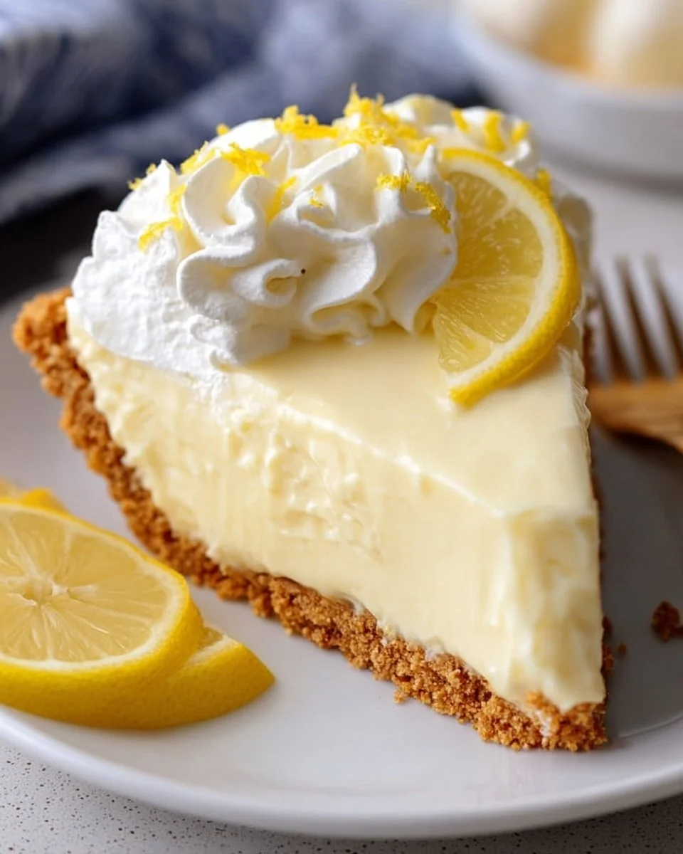 No-bake cream cheese lemonade pie topped with lemon slices and whipped cream