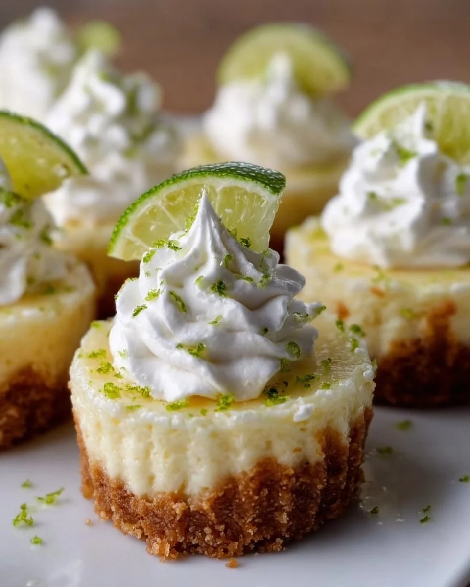 No Bake Mini Key Lime Cheesecakes on a plate with lime garnish