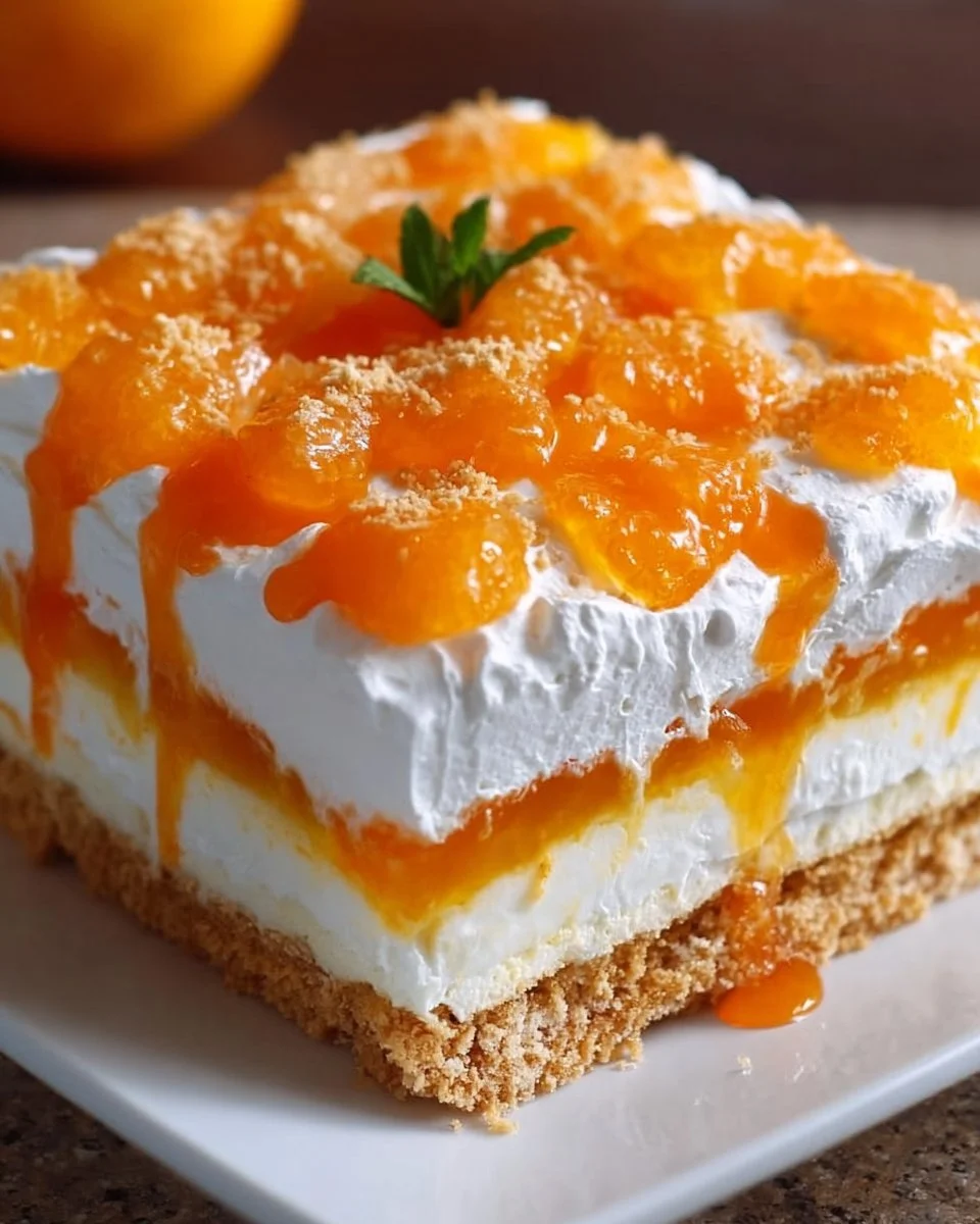 No Bake Orange Dreamsicle Lasagna dessert with layers of creamy orange filling