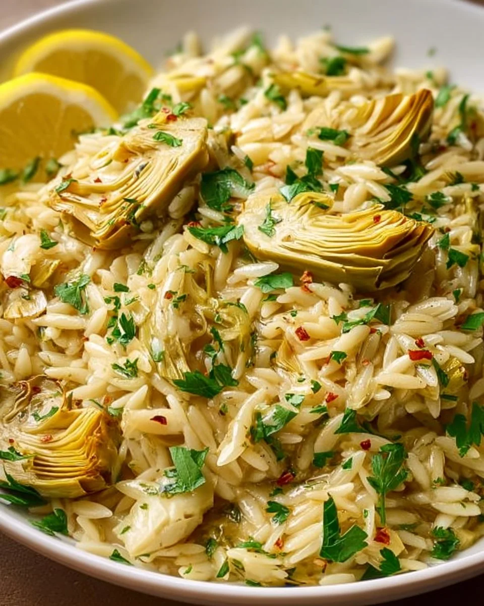 Bowl of orzo pasta with lemon and artichokes garnished with herbs.