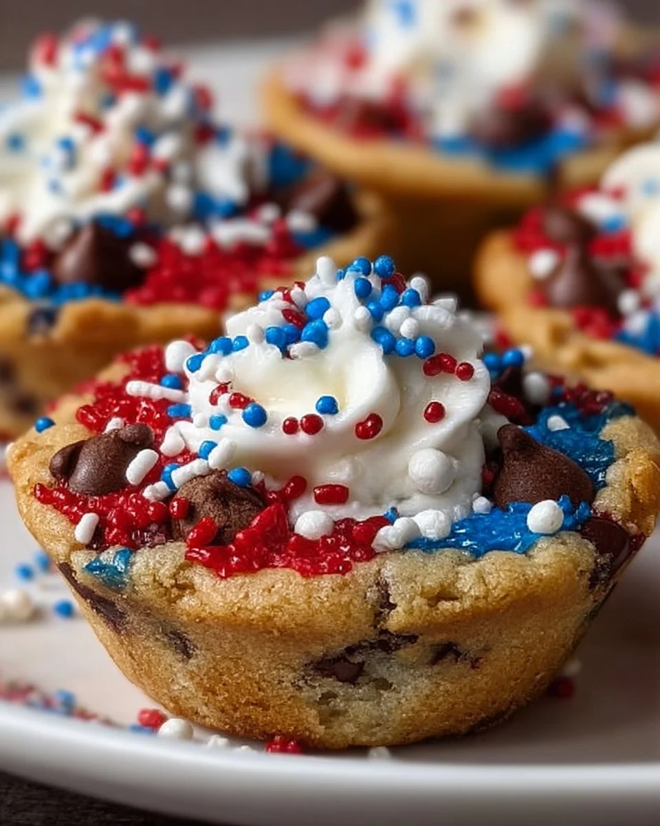 Patriotic chocolate chip cookie cups decorated for a festive celebration