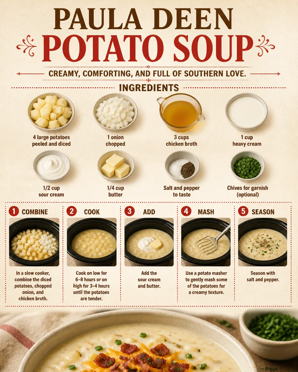 Delicious bowl of Paula Deen potato soup garnished with herbs