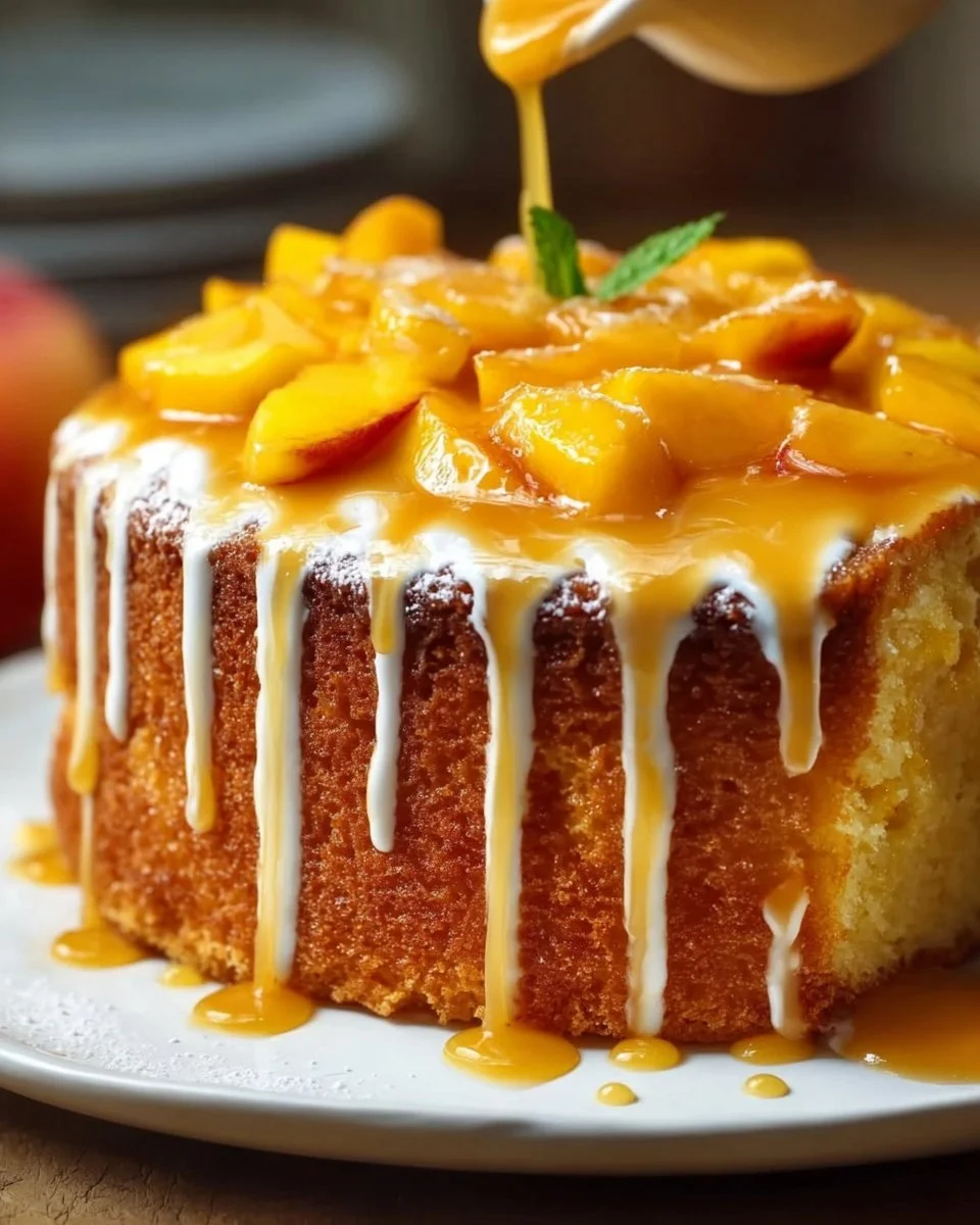 Delicious Peach Buttermilk Pound Cake with fresh peaches and a buttery crust