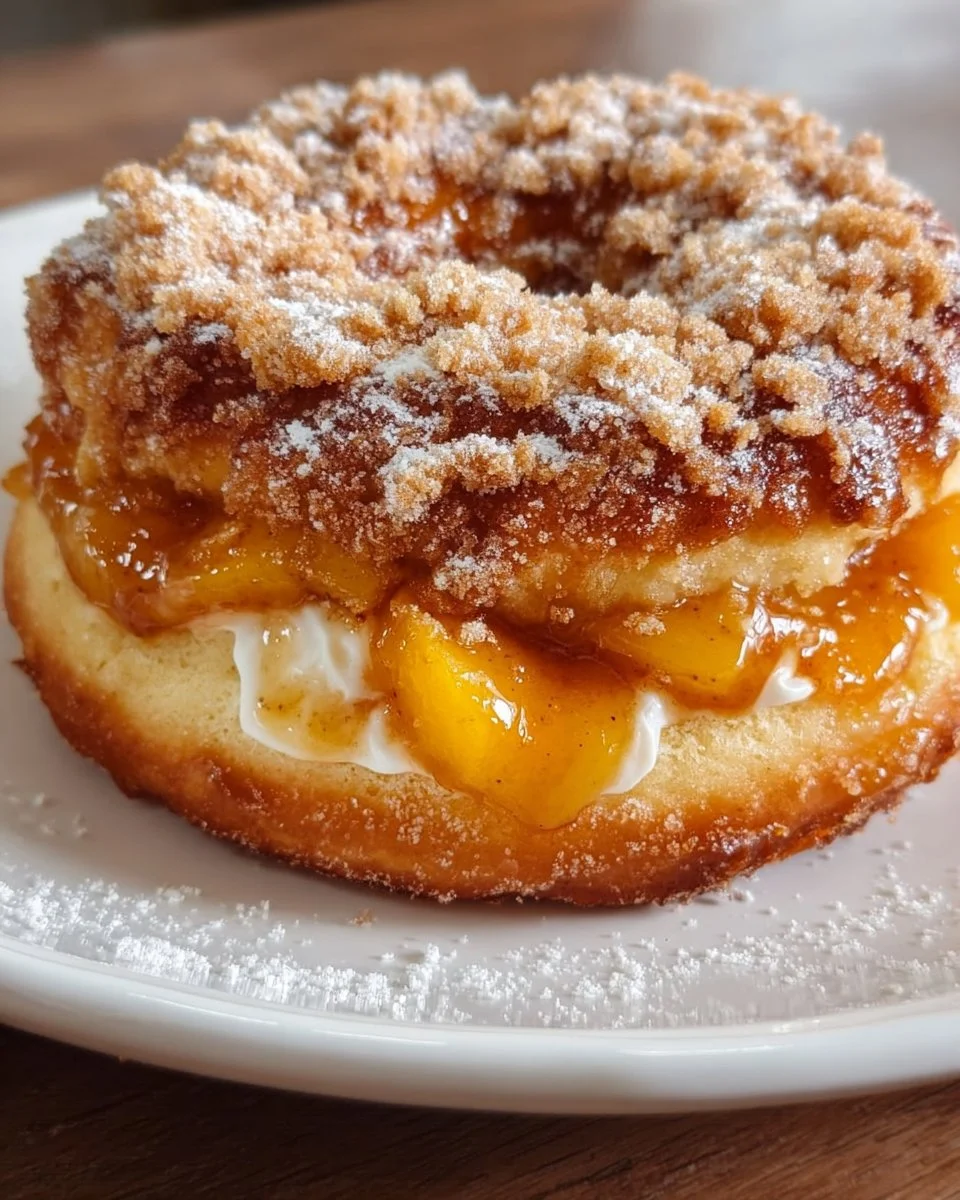 Peach Cobbler Cheesecake Donuts topped with fresh peaches and cream