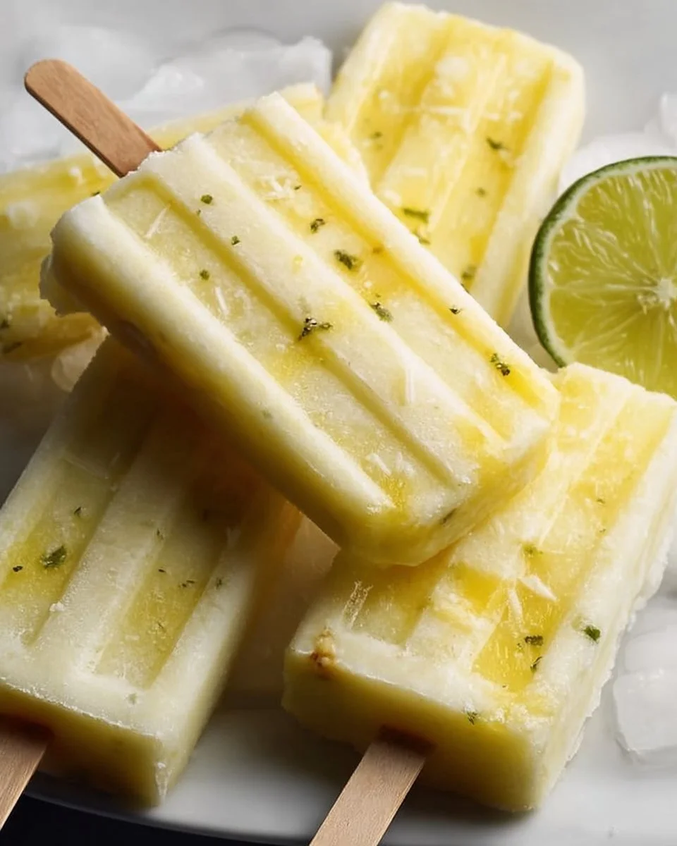 Homemade Pineapple Coconut Lime Popsicles on a sunny day