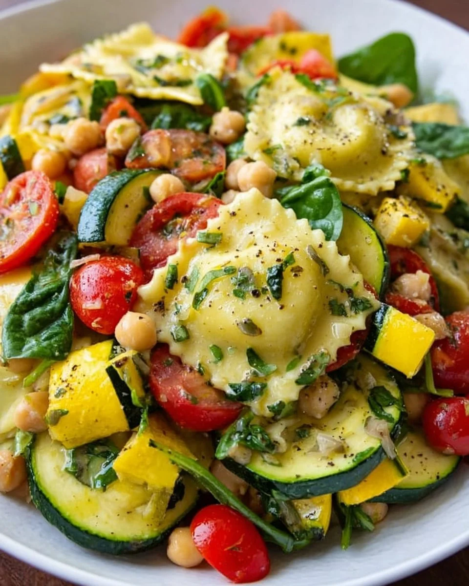 Colorful Ravioli Pasta Salad with fresh vegetables and herbs