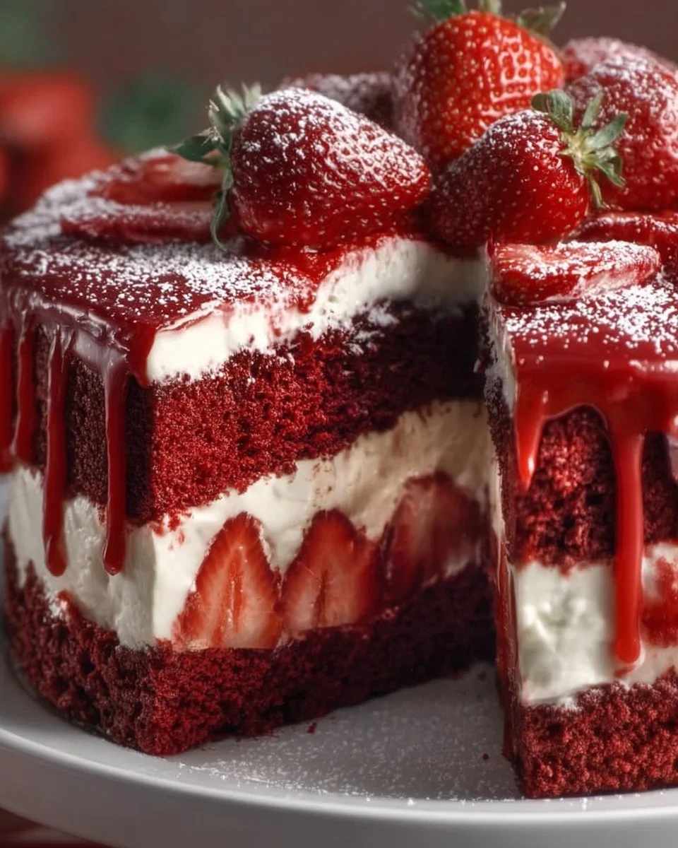 Slice of Red Velvet Strawberry Cheesecake topped with strawberries