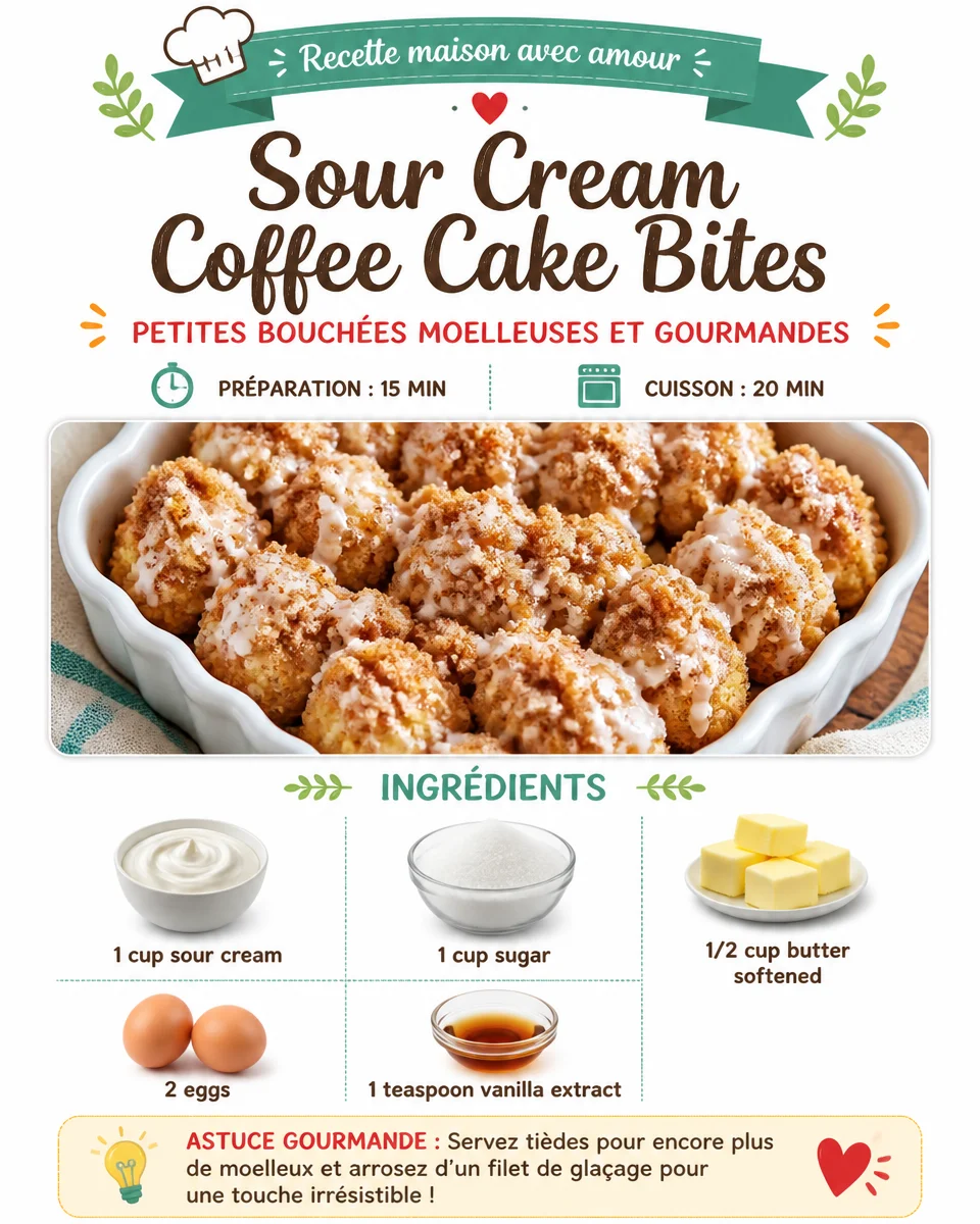 Delicious sour cream coffee cake bites on a plate with coffee cup