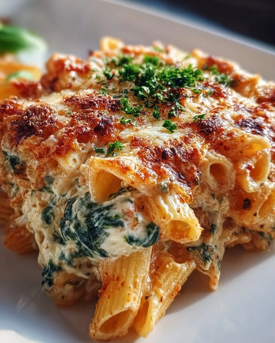 Delicious Spinach Ricotta Pasta Bake served in a dish