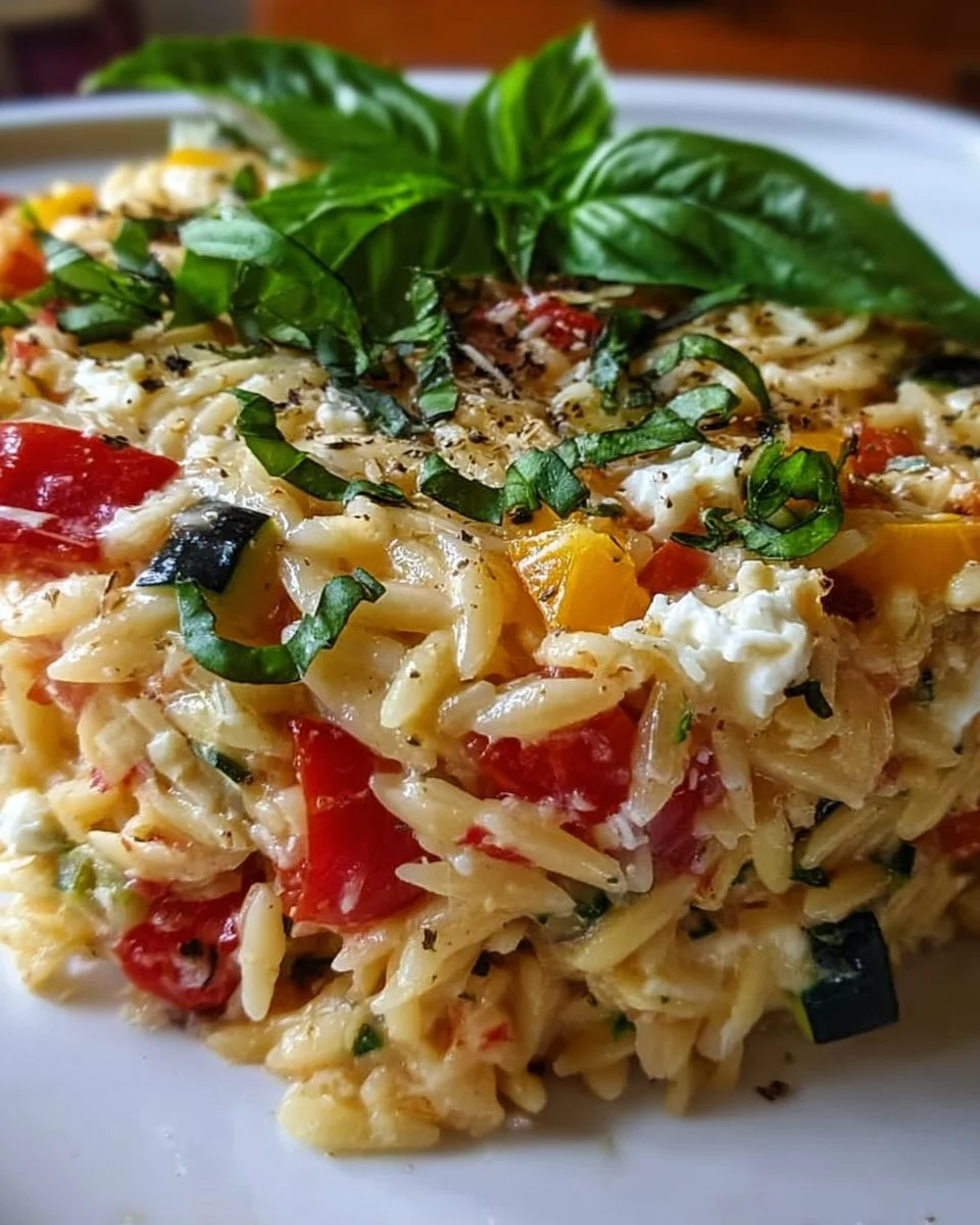 Baked orzo with vegetables and ricotta served in a colorful dish