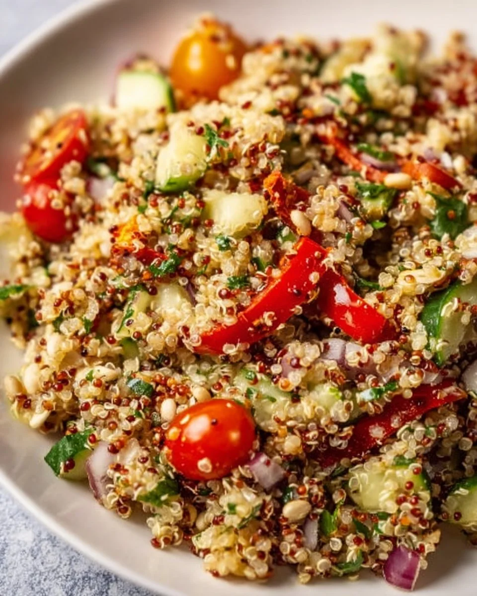 Colorful Zesty Quinoa Salad topped with fresh vegetables and dressing